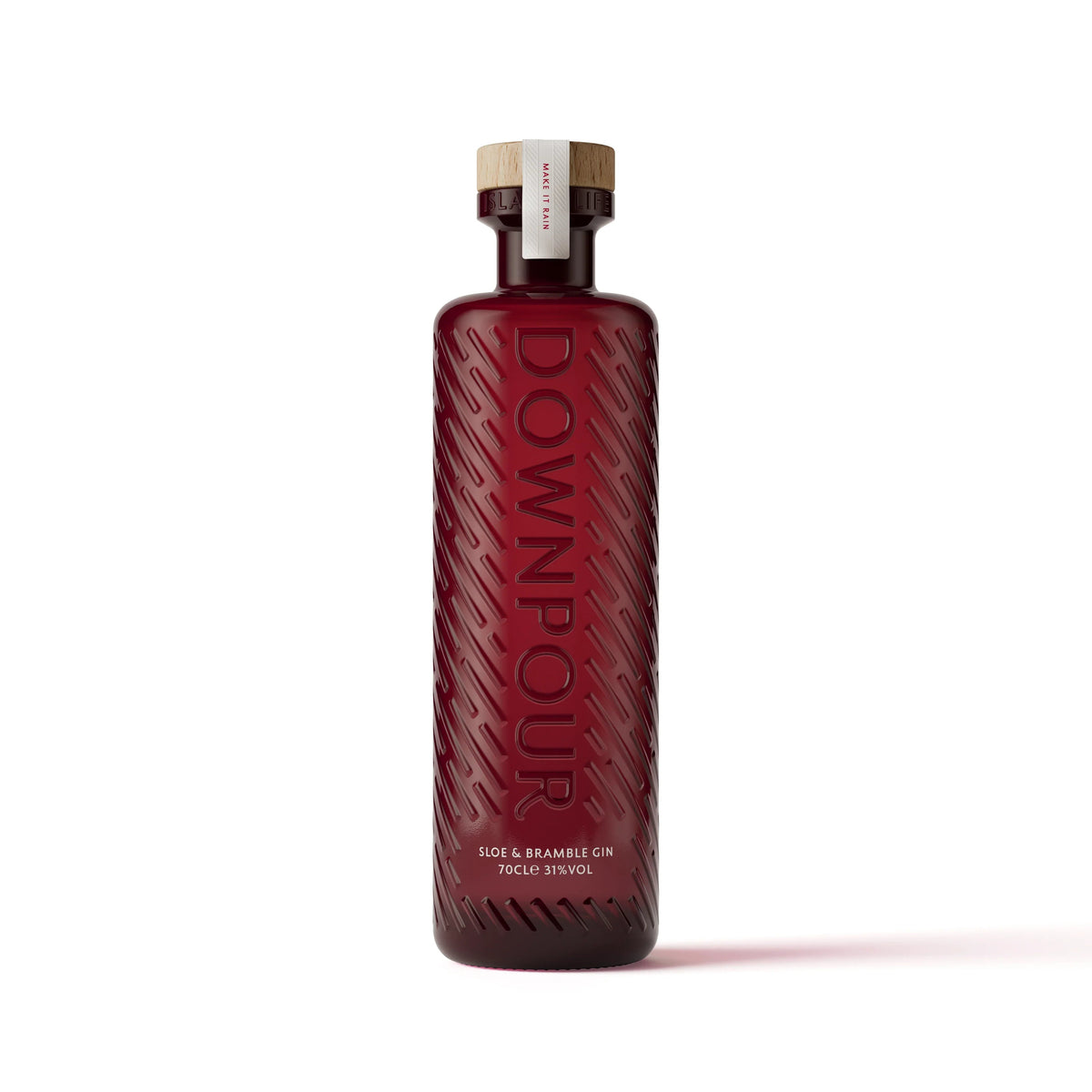 Downpour Sloe & Bramble Gin 700ml bottle in embossed deep red glass with a wooden stopper