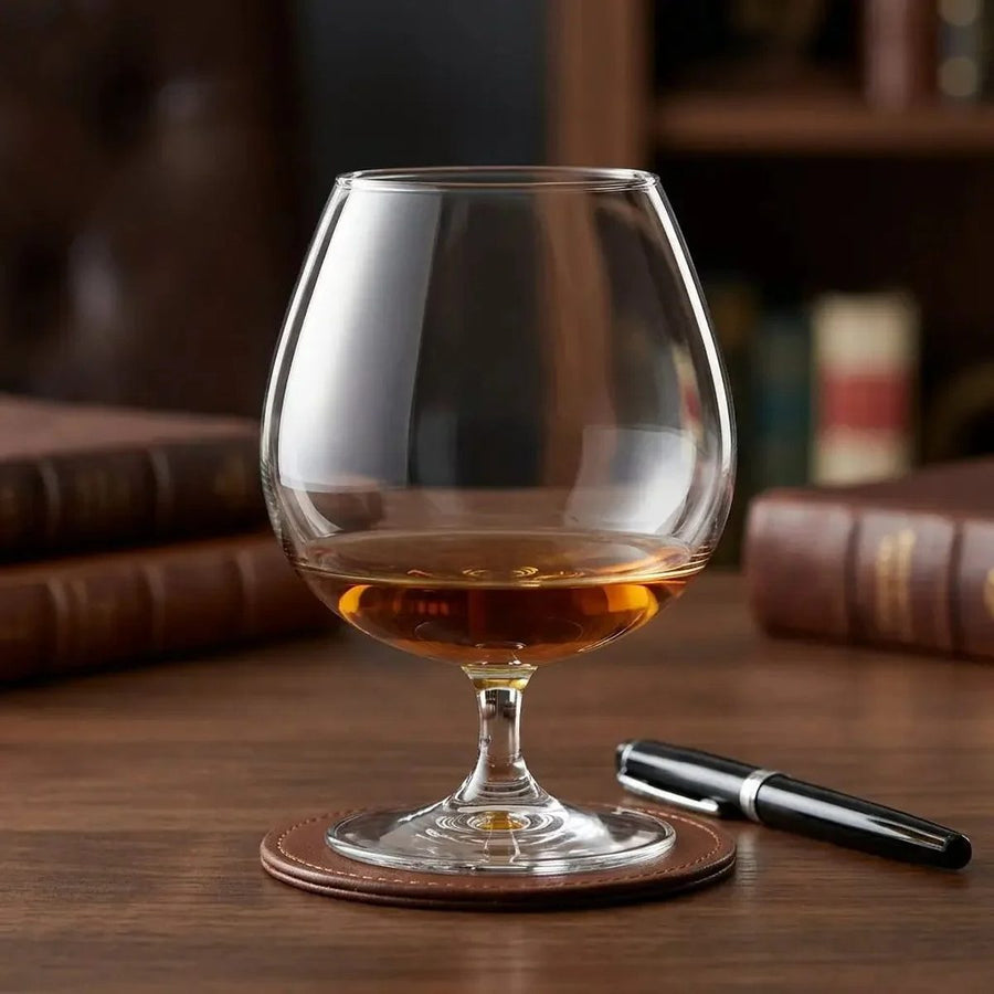 A brandy balloon holding a measure of cognac on a desk beside leather-bound books