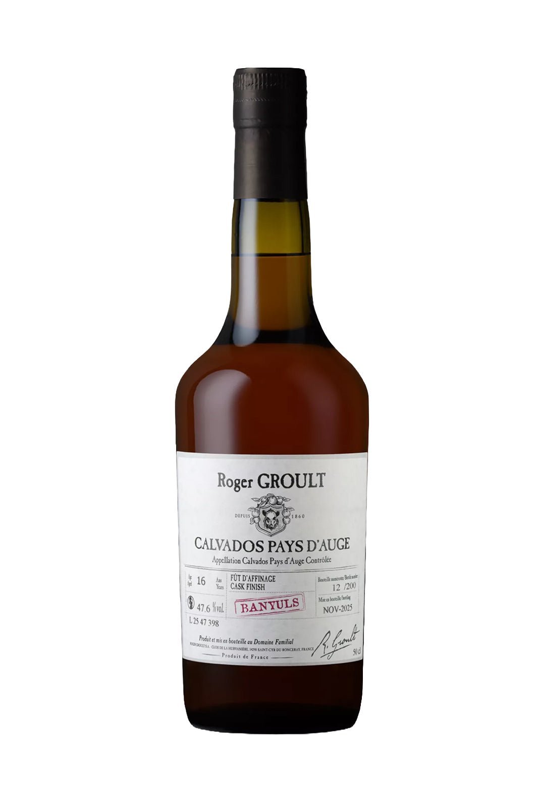Roger Groult Calvados Banyuls Pays d'Auge 47.6% 500ml - Calvados : Pays d'Auge - Liquor Wine Cave