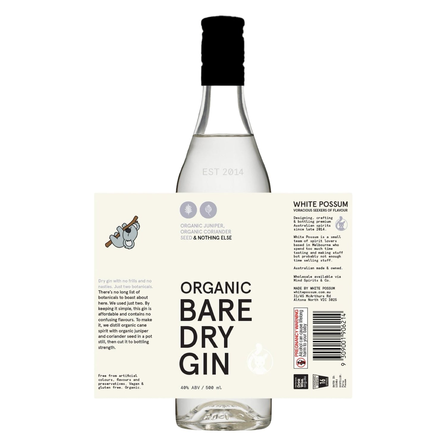 White Possum Organic Bare Dry Gin 40% 500ML - Gin - Liquor Wine Cave