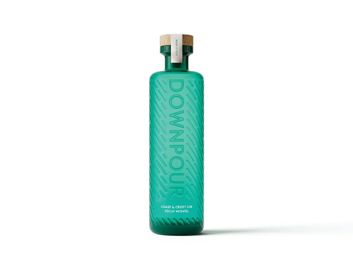 Downpour Coast & Croft Gin 700ml bottle in embossed sea green glass with a wooden stopper