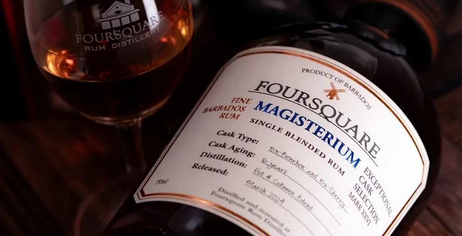 Bottle of Foursquare Magisterium Barbados rum beside a tasting glass