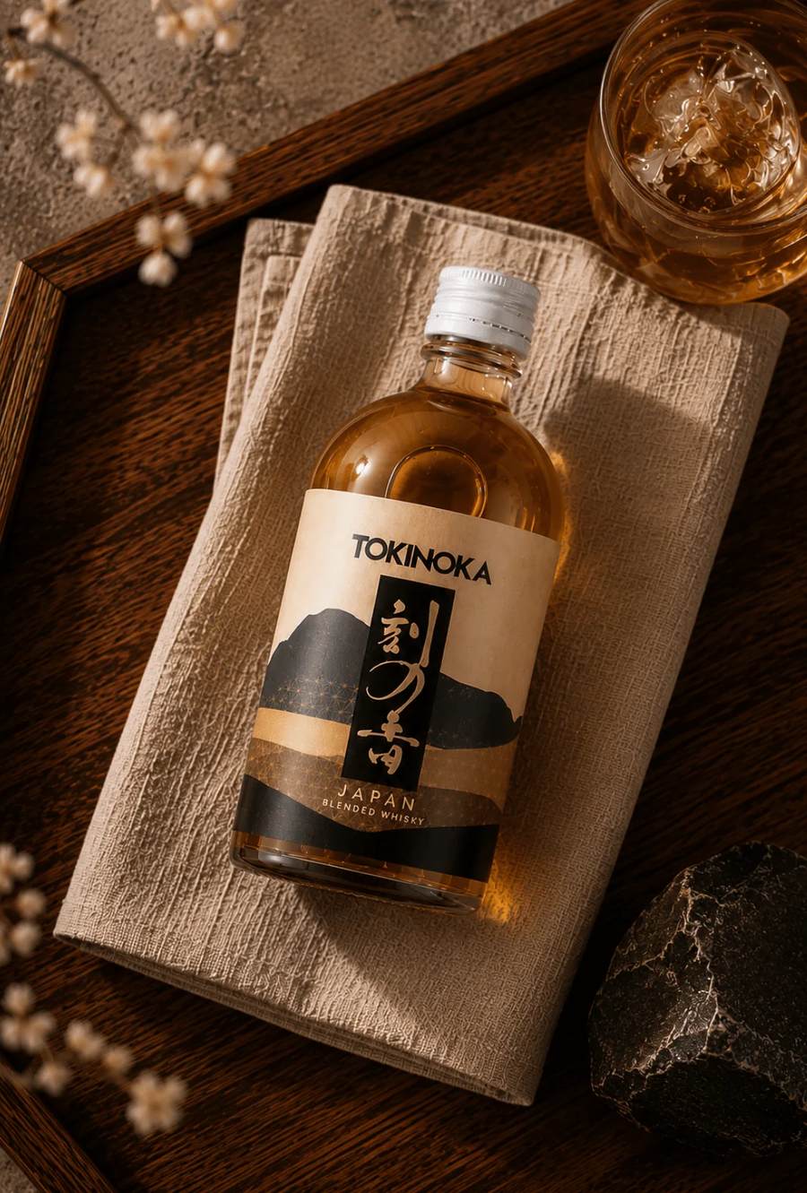 Bottle of Tokinoka blended Japanese whisky beside a glass over ice